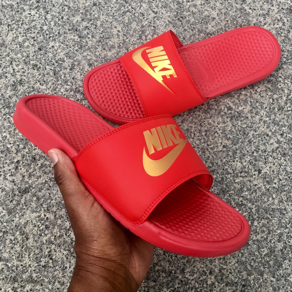 NIKE BENASSI SLIDES JUST DO IT JDI RED GOLD